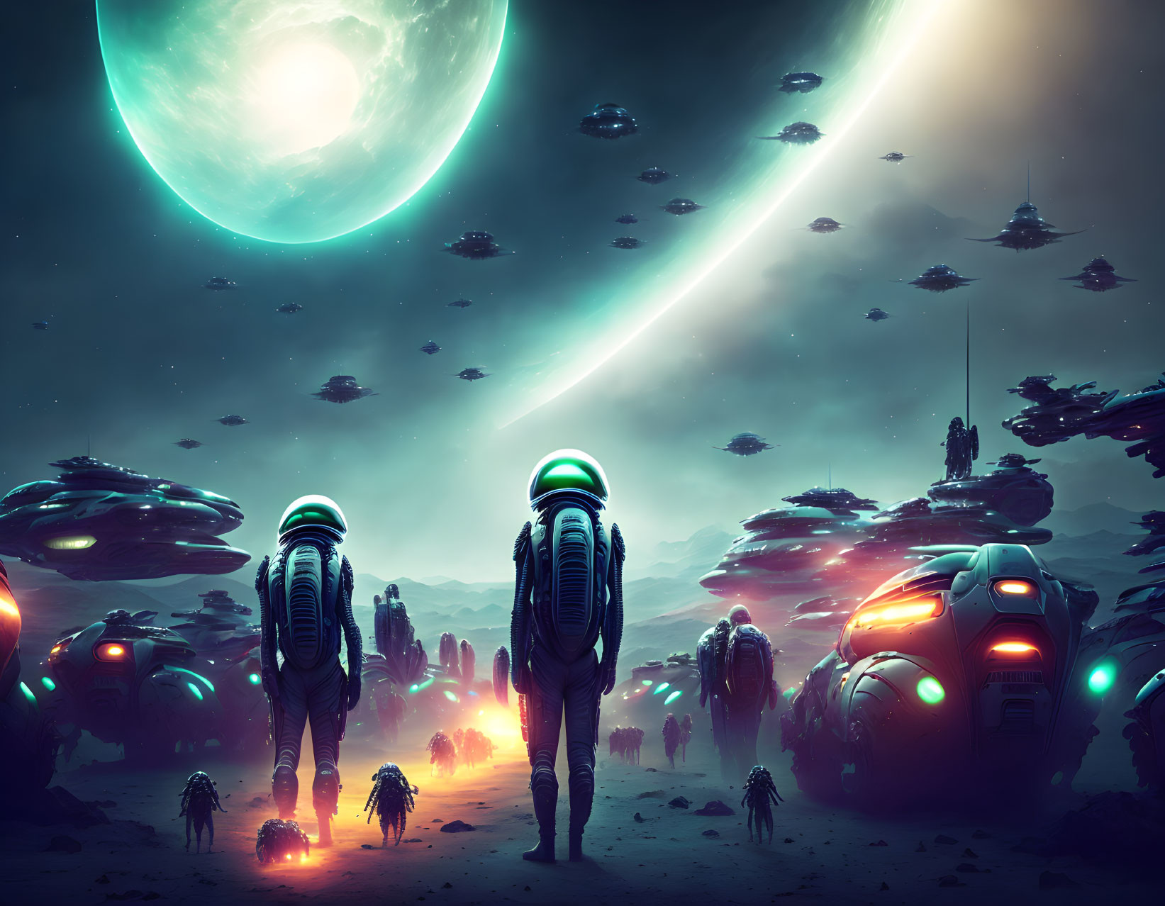 Astronauts in alien landscape with spaceships and glowing planet