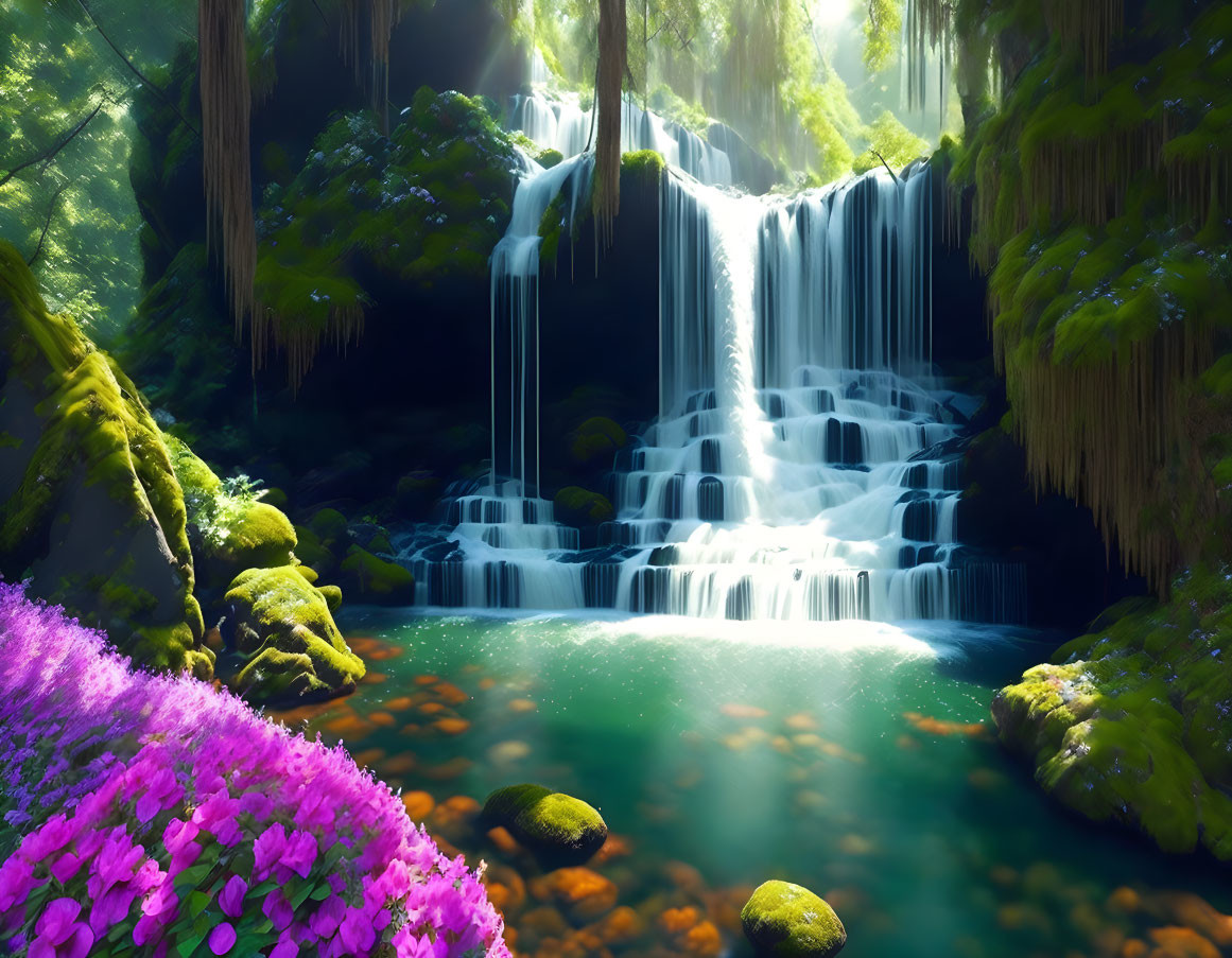 Scenic waterfall in lush greenery with purple flowers