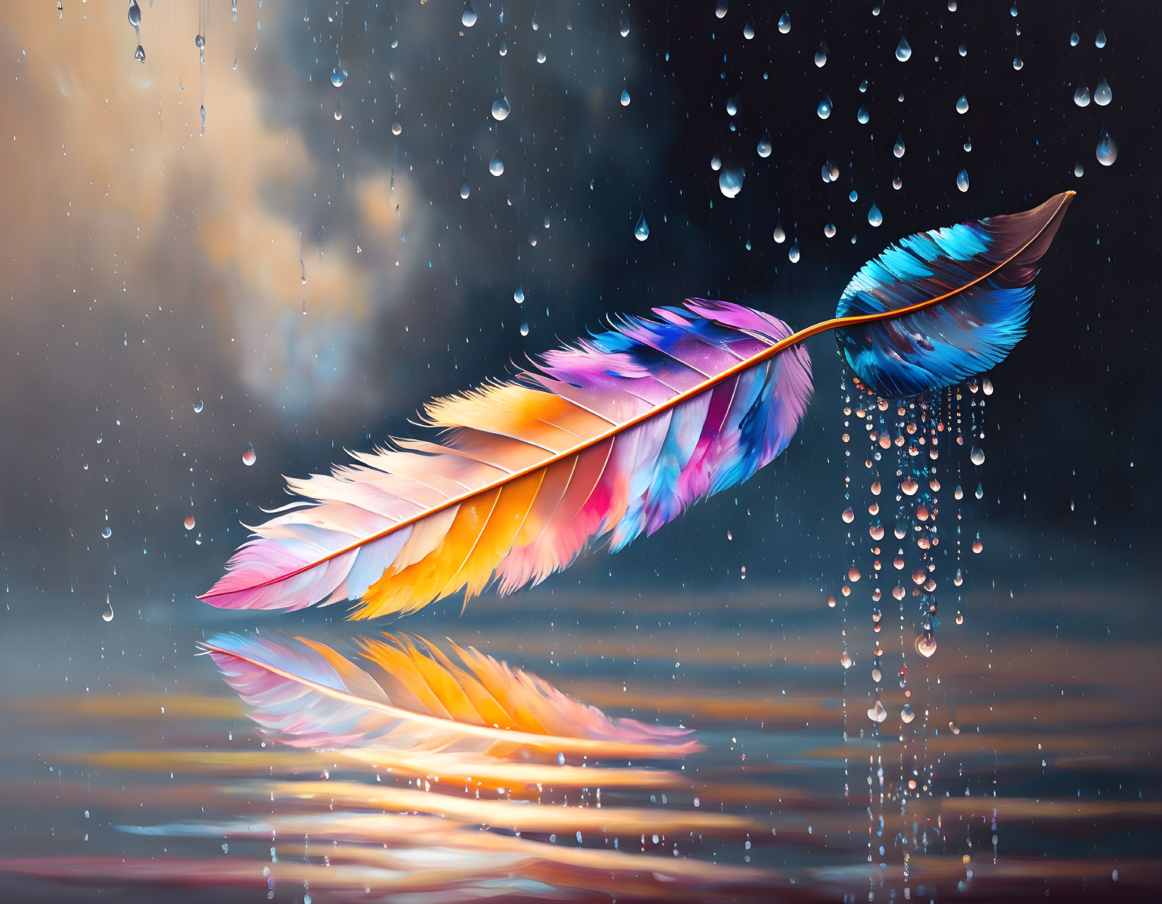 Colorful feather on reflective water surface with raindrops and cloudy sky