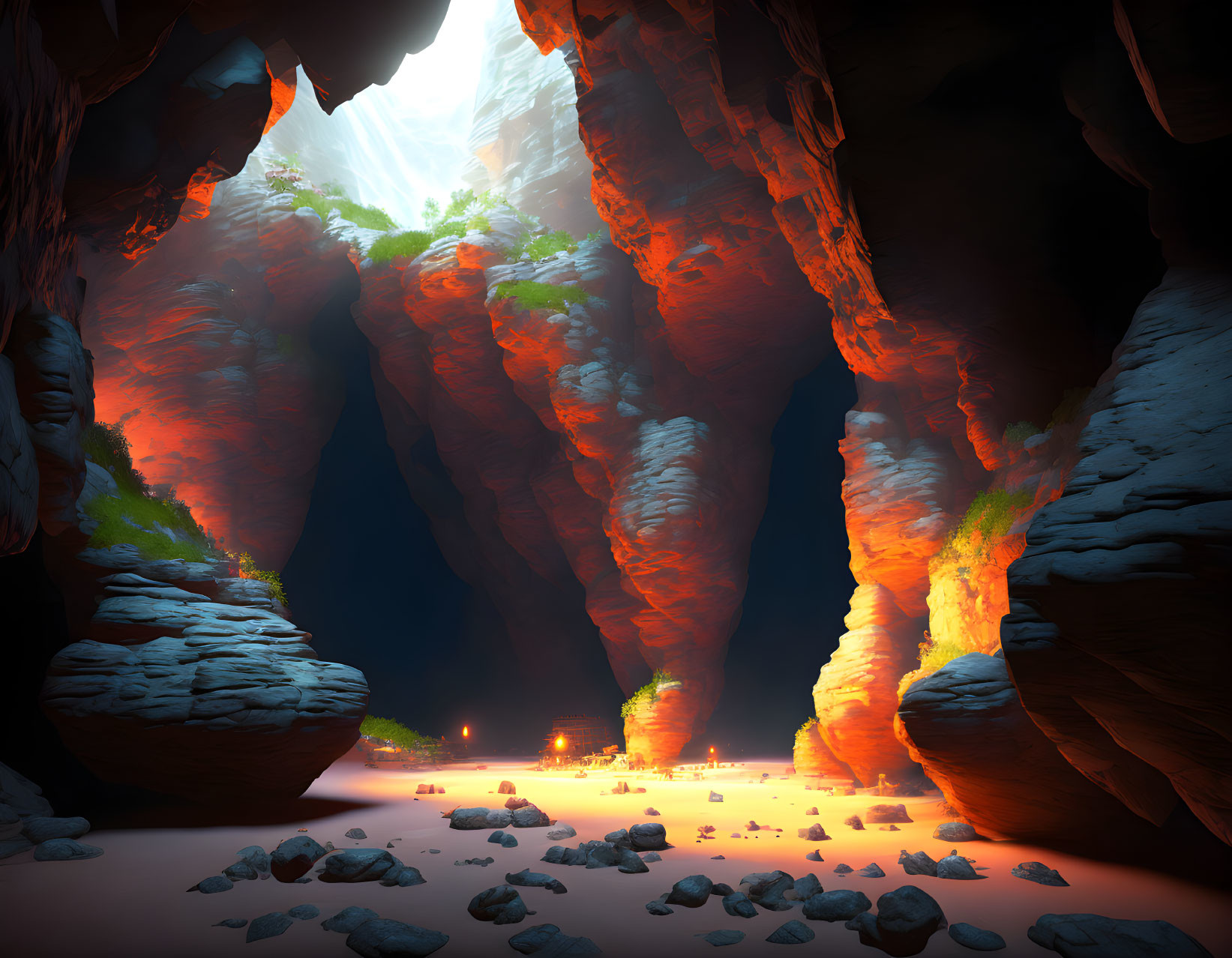 Mysterious cavern with rugged walls and ethereal light illuminating lush greenery