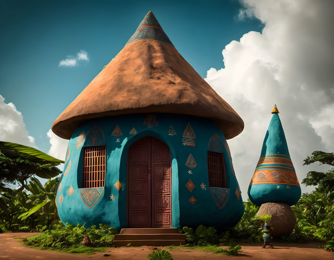 Artistic blue round hut with thatched roof and decorative door in lush setting