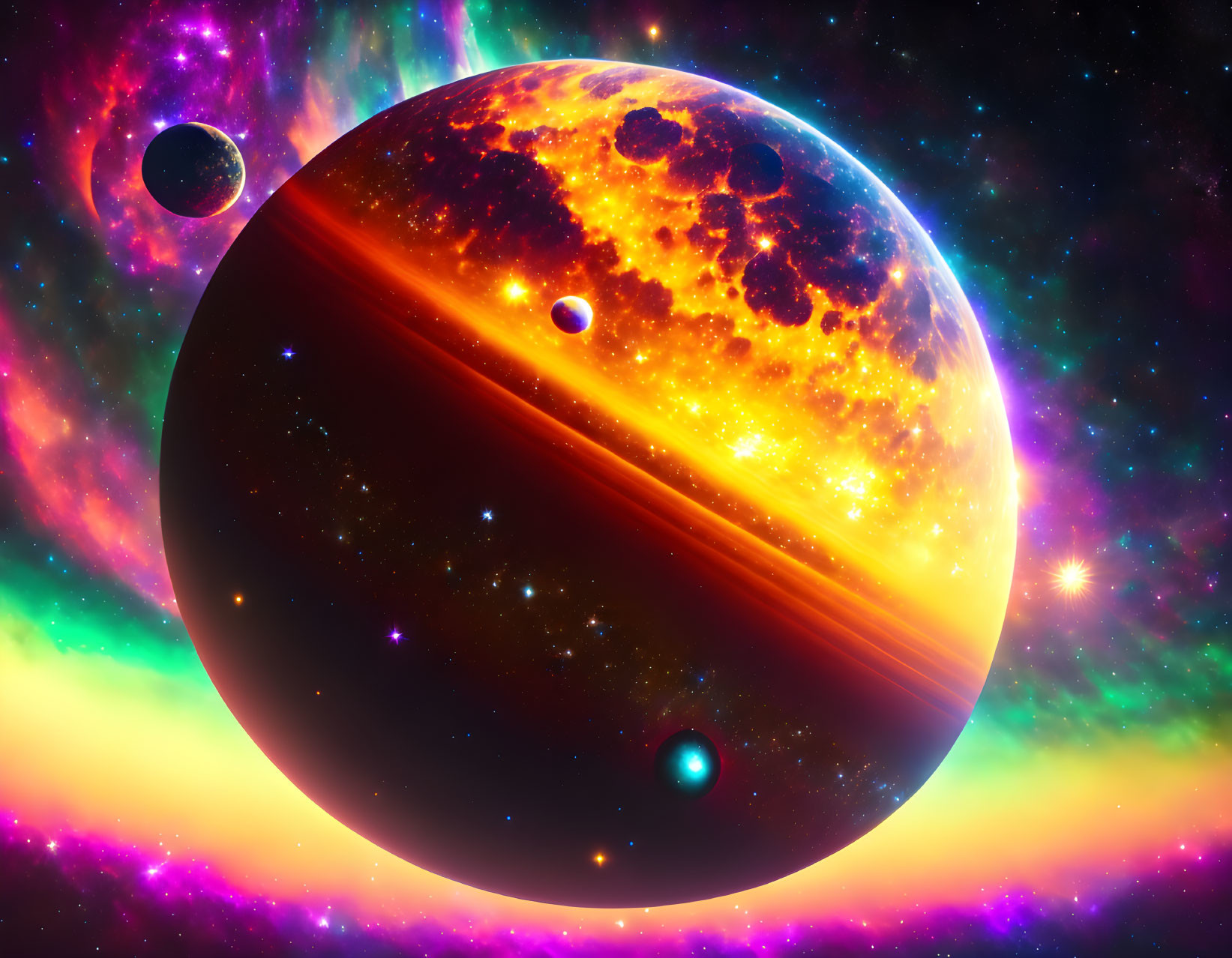 Fiery planet and celestial bodies in colorful cosmic scene