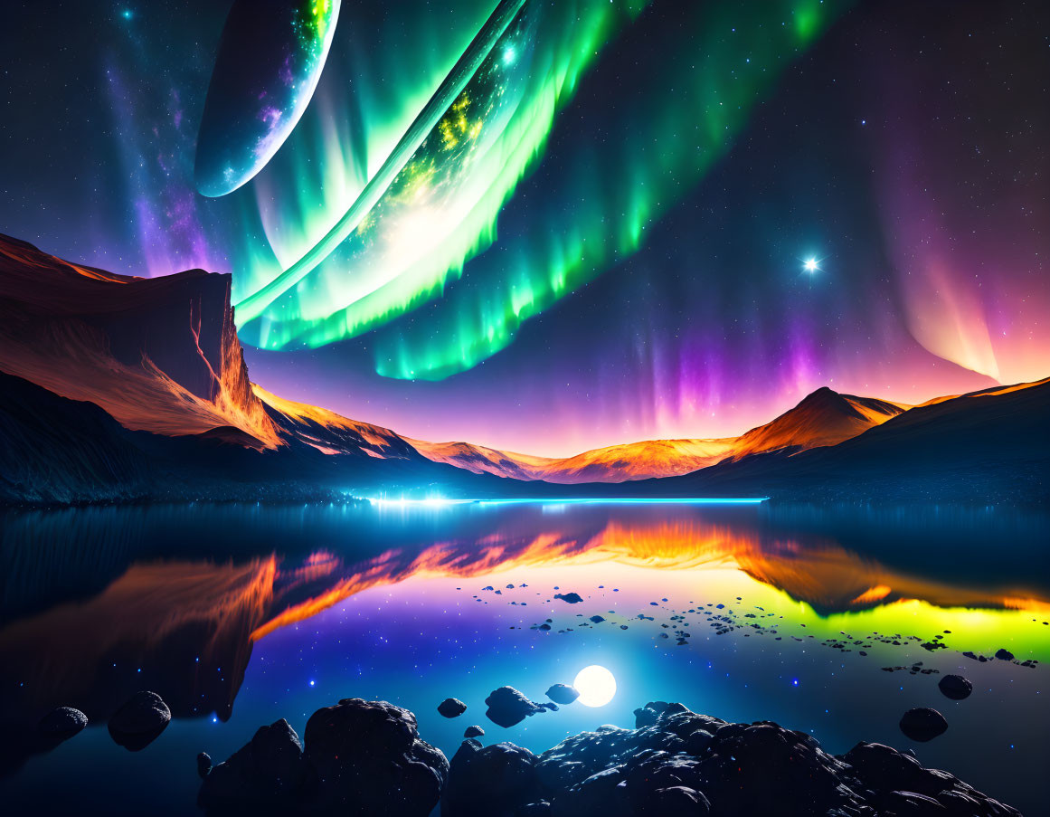 Surreal extraterrestrial landscape with vibrant aurora over serene lake