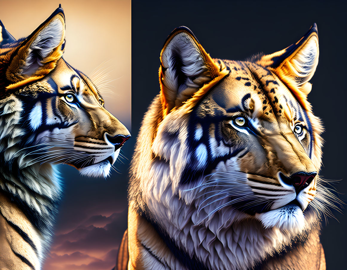 Detailed digital tiger portraits with intense gazes and striking fur patterns