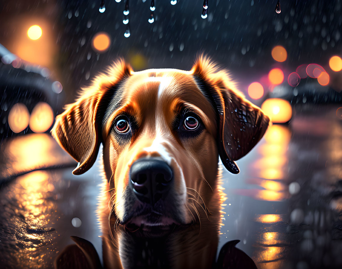 Close-up of soulful-eyed dog on rain-soaked street with glowing lights