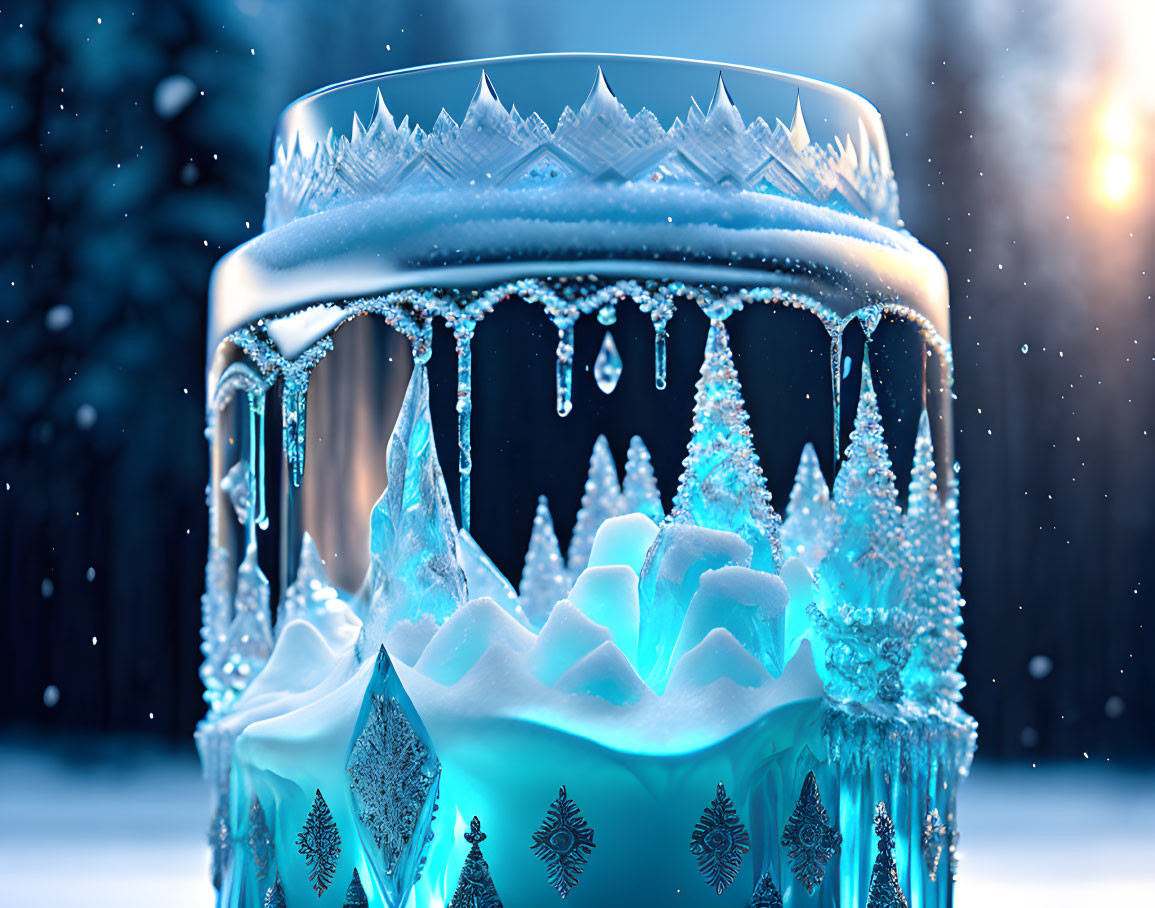 Detailed Ice Patterns on Frosty Glass Against Winter Backdrop