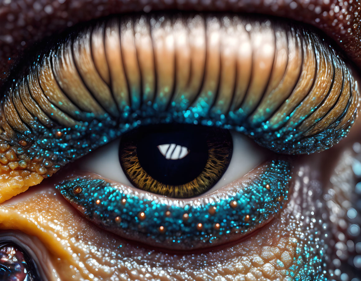 Detailed human eye with blue eyeshadow and glitter showcasing iris patterns.