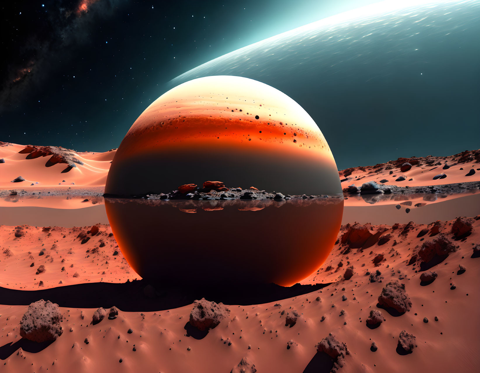 Barren alien surface with large orange planet on horizon