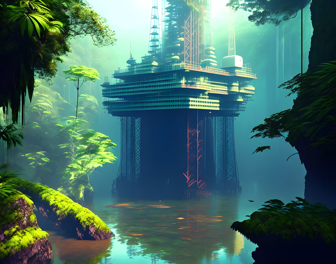 Futuristic building in misty jungle with lush greenery and water