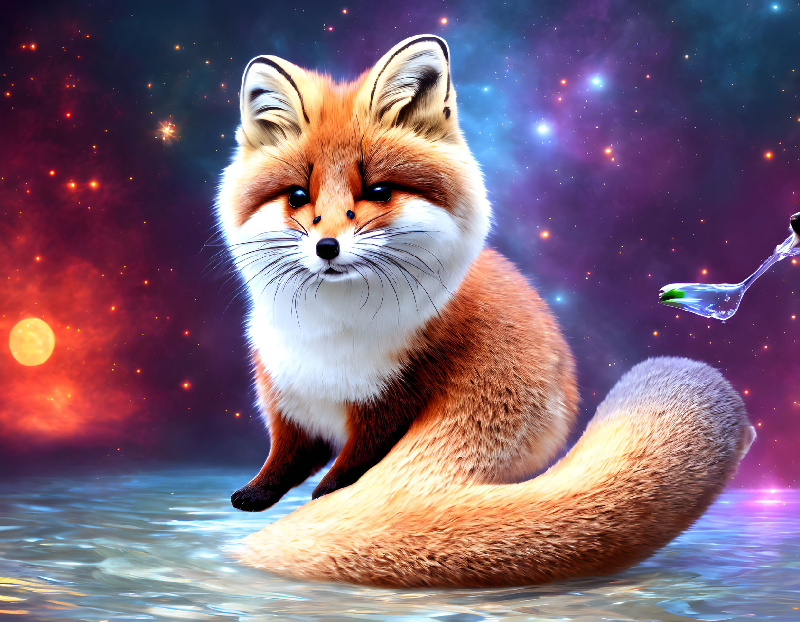 Colorful digital art: Fox with bright eyes in cosmic setting