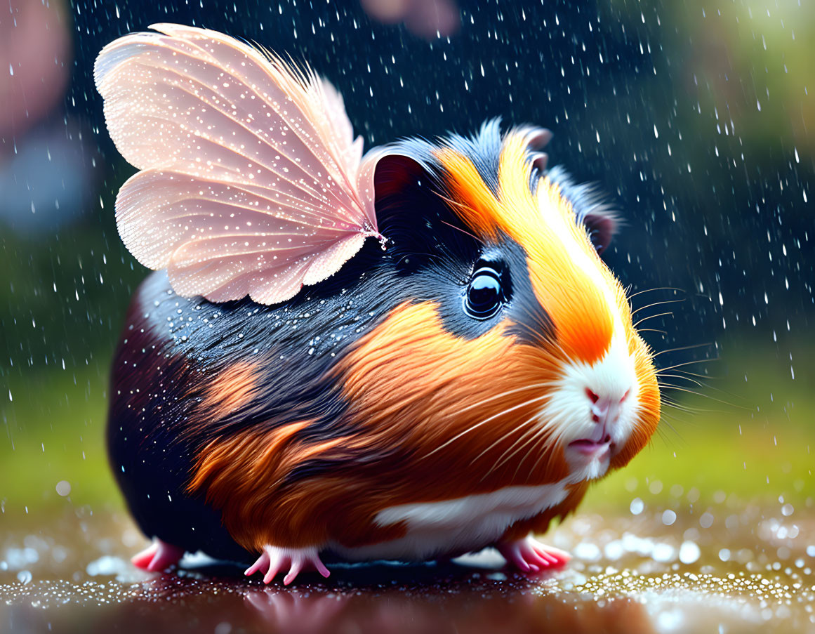 Colorful guinea pig with butterfly wings in rain - enchanting illustration