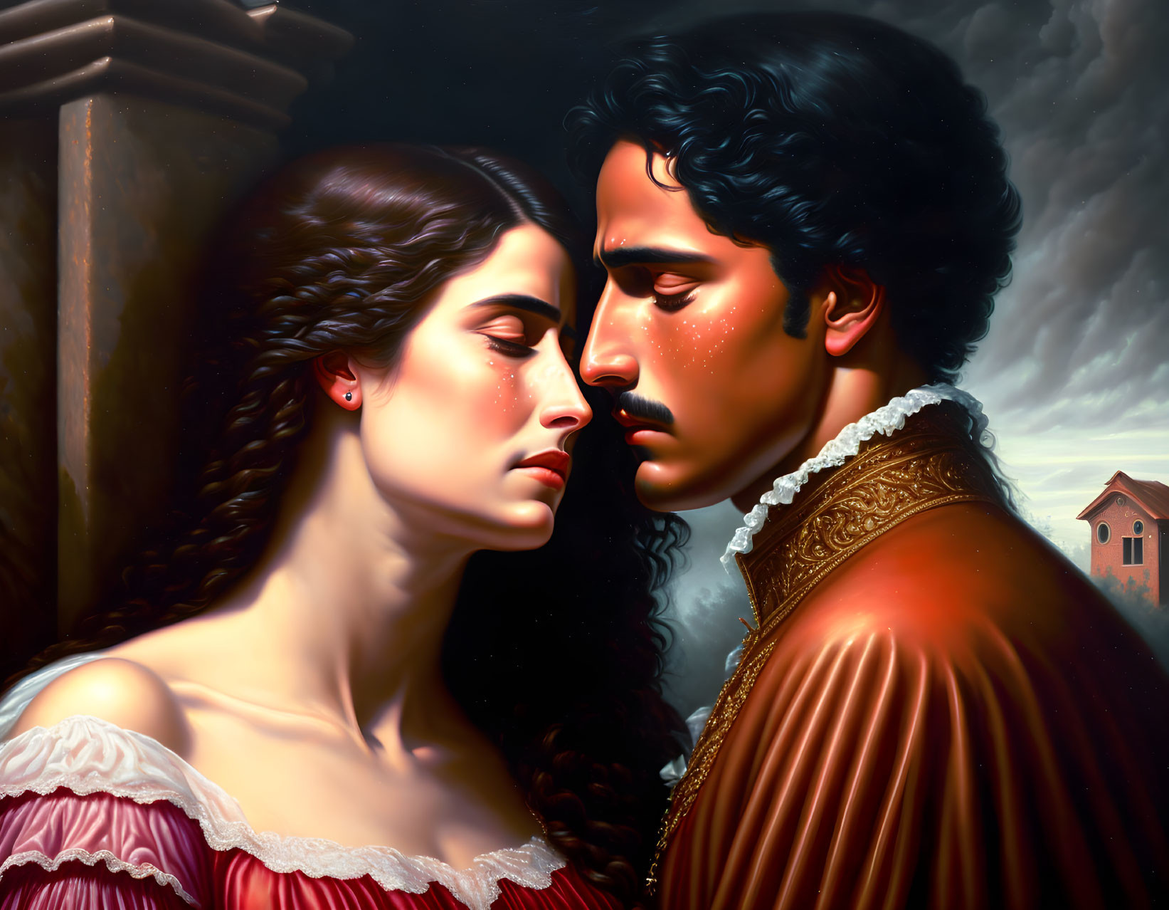 Romantic digital painting: man and woman in historical attire touching foreheads under cloudy sky