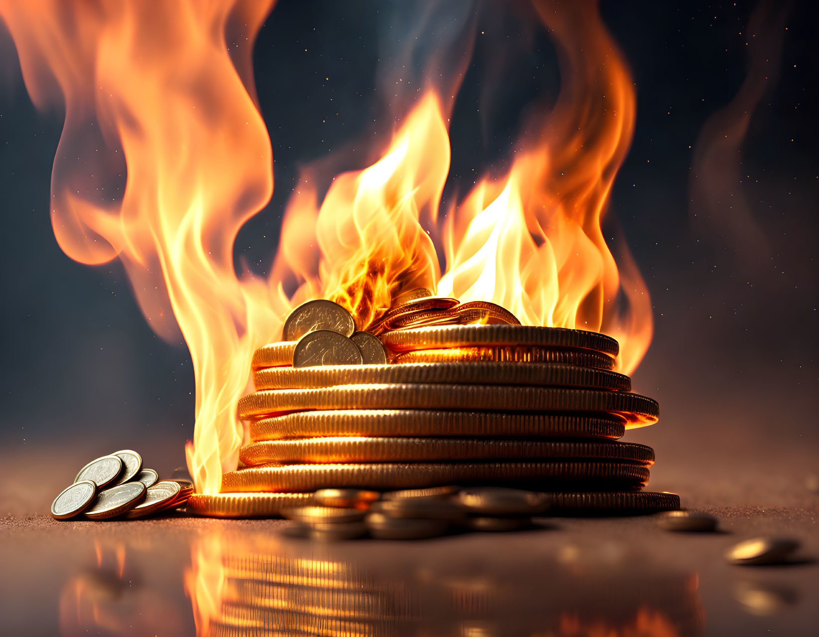 Coins on Fire: Dark Background, Fiery Hues