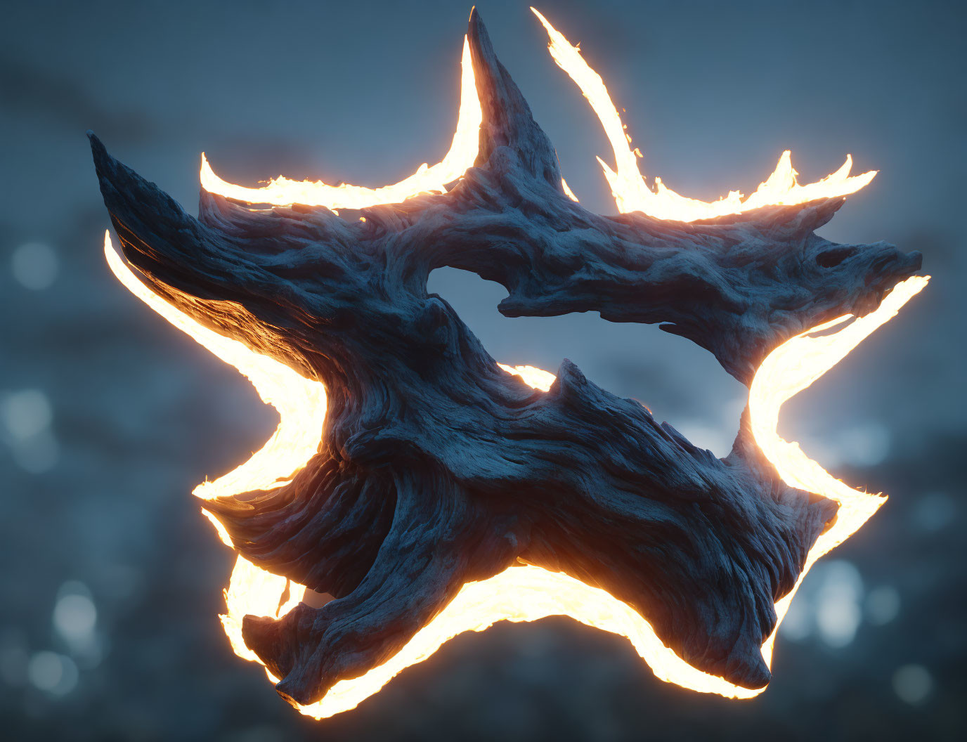 Fiery wolf's head symbol on cold bokeh background