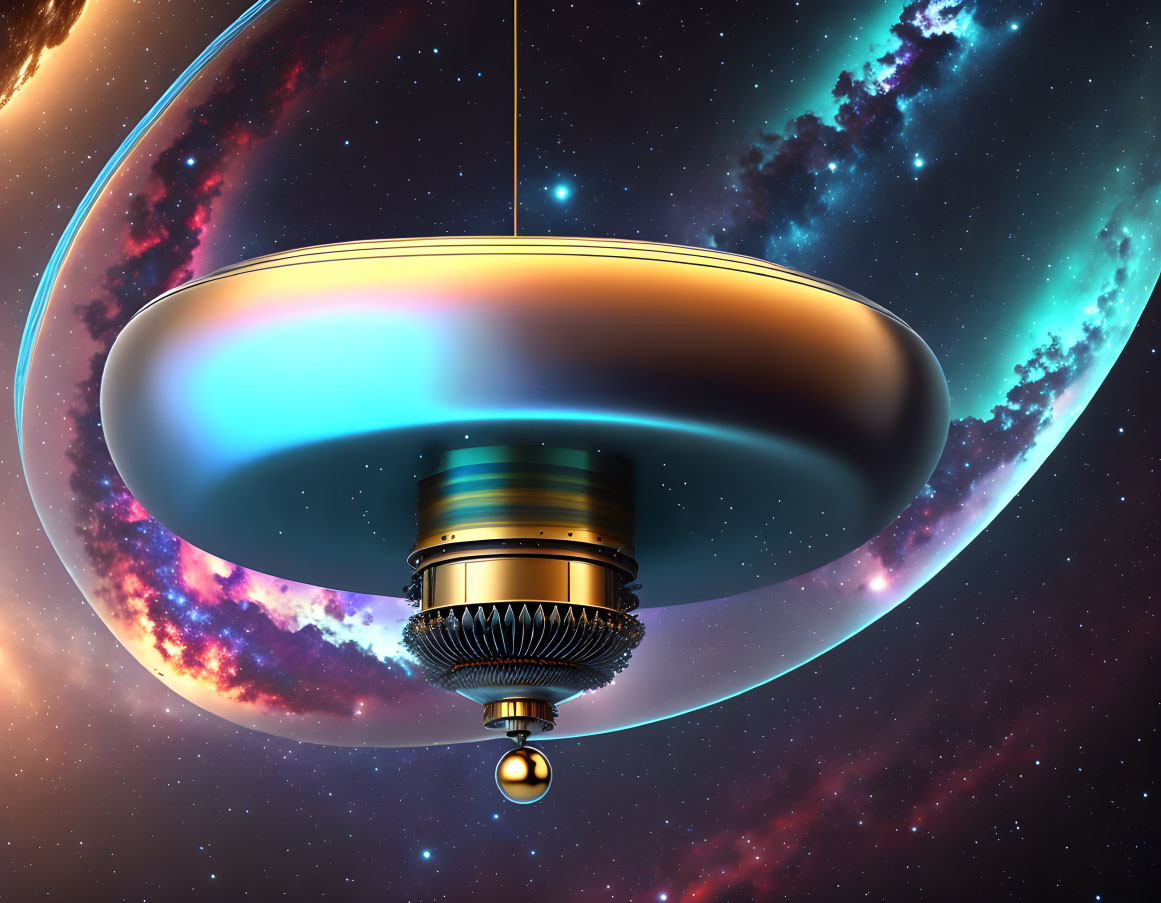 Futuristic spacecraft with ring-like structures in space, neon lights, starry cosmos