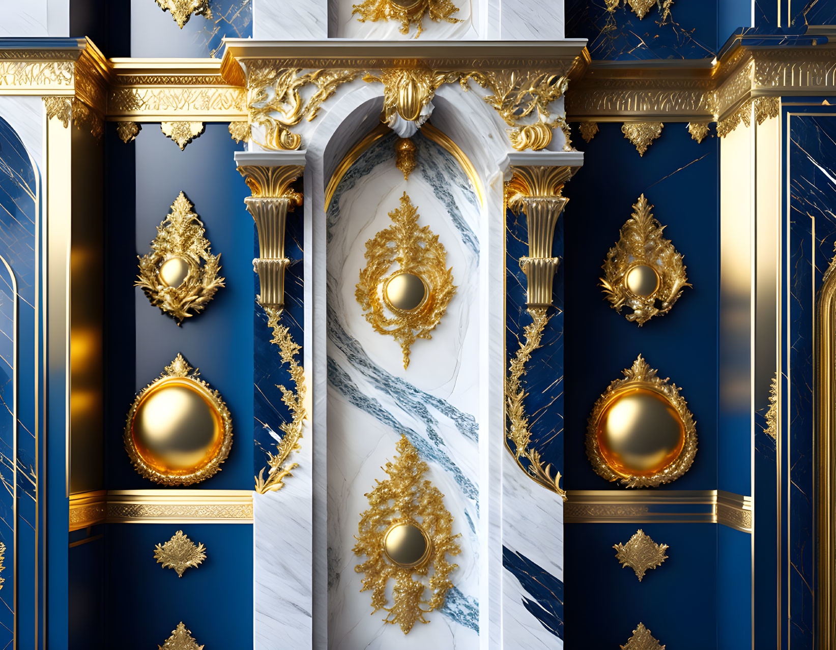 Opulent Baroque Design: Luxurious Marble Panels, Golden Ornaments, Blue Surfaces