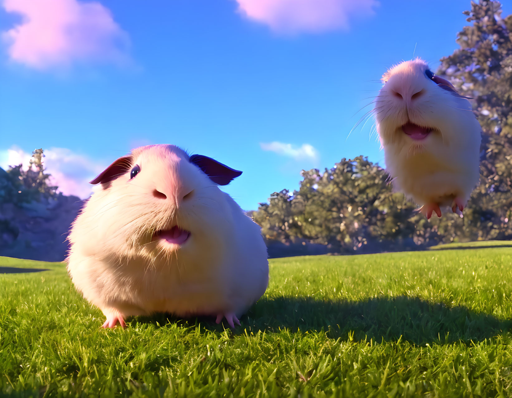 Guinea pigs on grass, one mid-jump under sunny sky