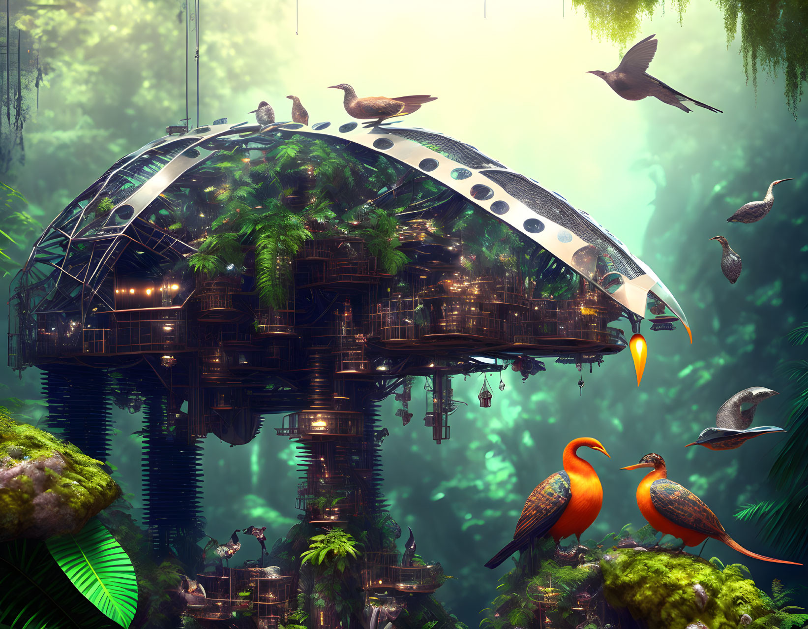 Glass dome futuristic treehouse in lush forest with birds and ethereal vibe