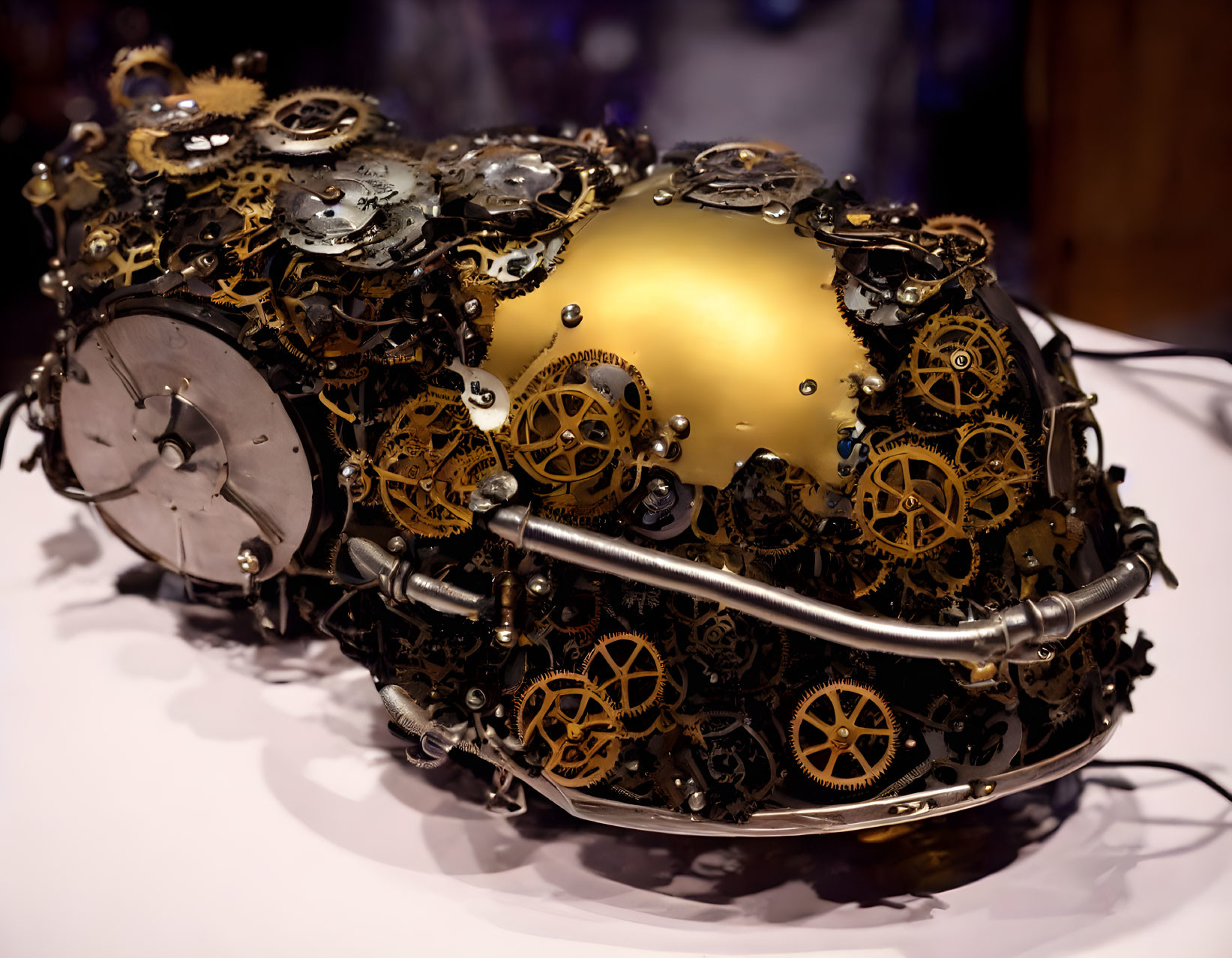Detailed Steampunk-Style Helmet with Gears and Brass Accents