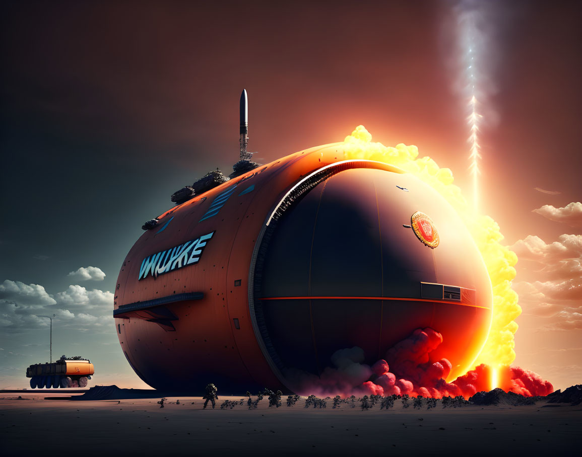 Giant orange spaceship labeled "WNUKE" launching in fiery explosion