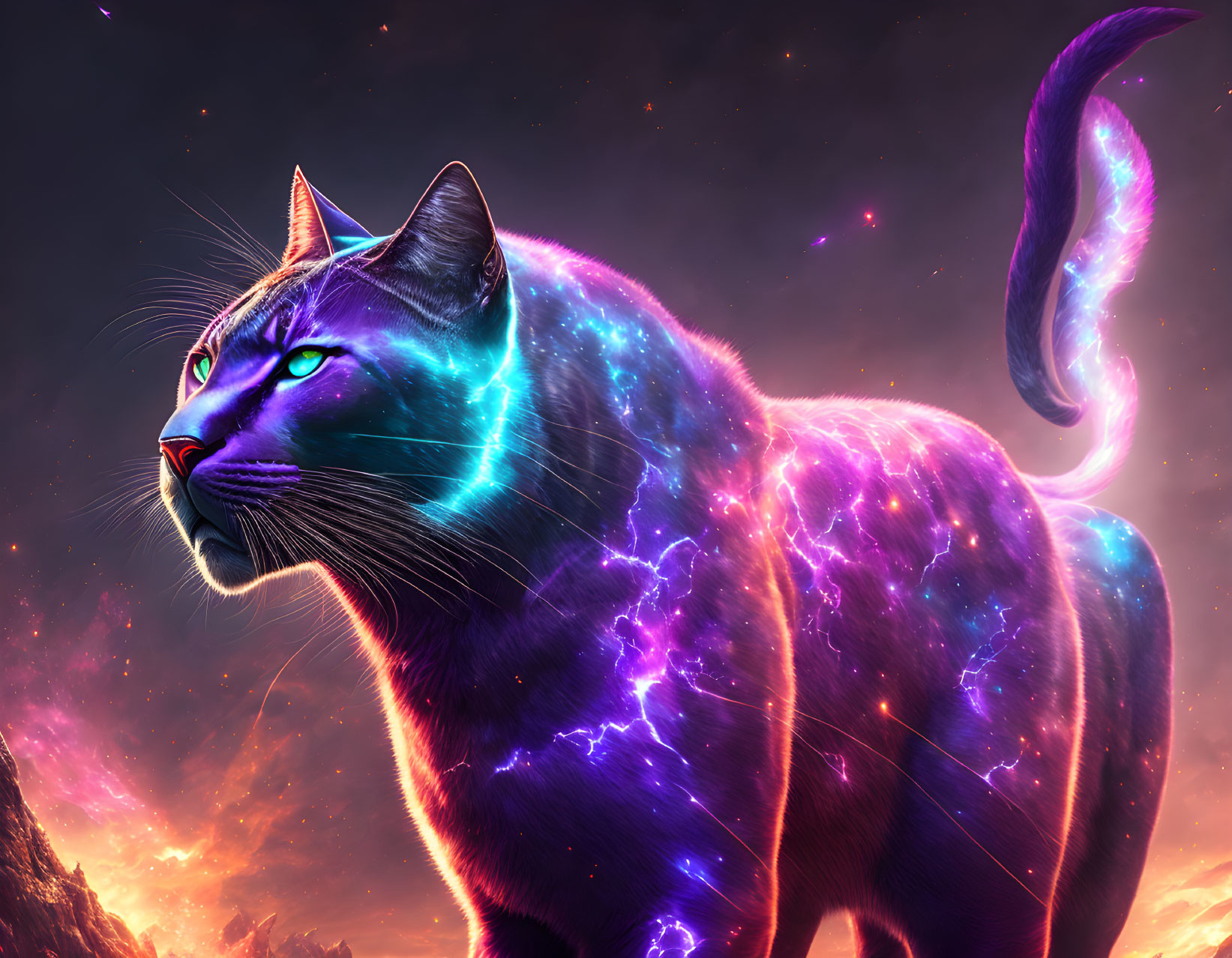 Colorful Cosmic Cat against Sunset Sky in Neon Hues