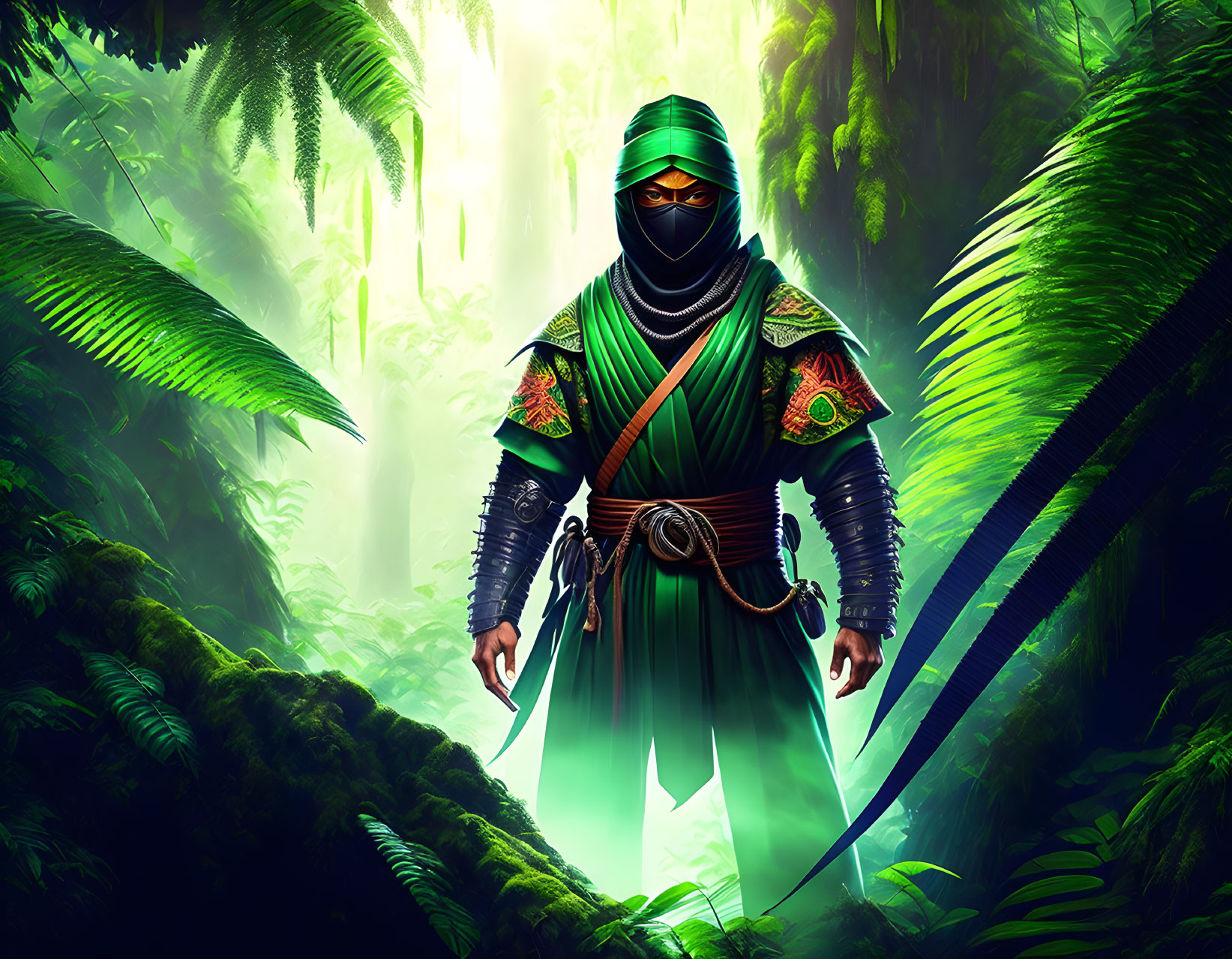 Ninja illustration in vibrant green forest with glowing sword