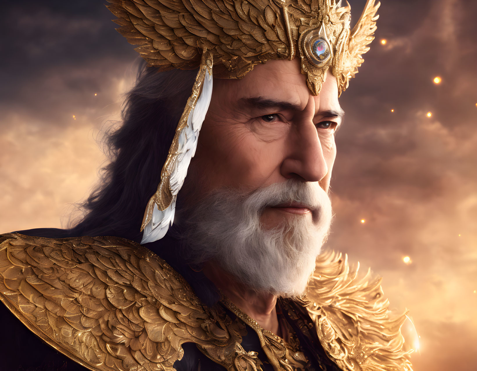 Elder man in golden armor with feathered shoulders under dramatic sky