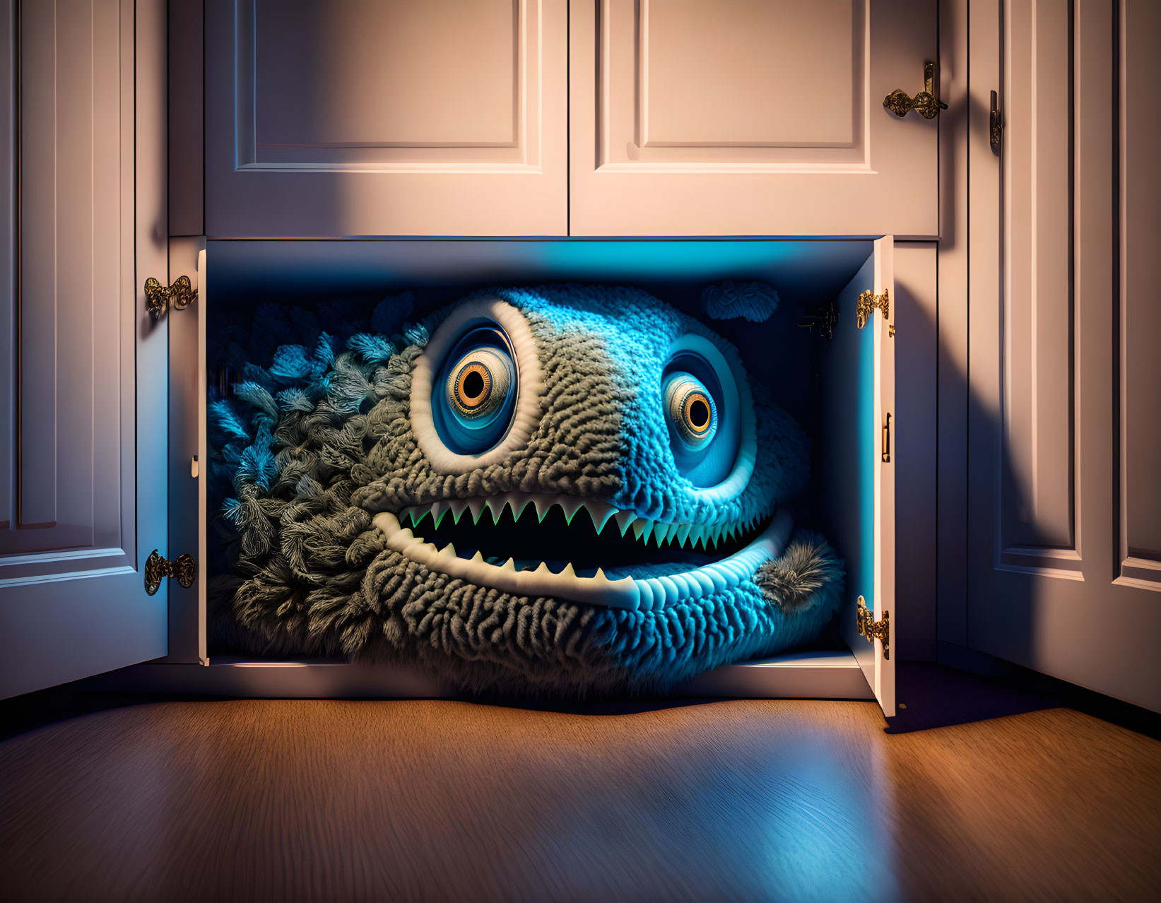 Blue furry monster with large eyes hiding in dimly lit kitchen cabinet