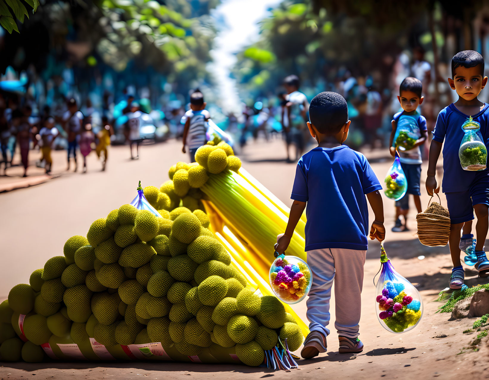 Child with two bags looking at pile of jackfruits on street.