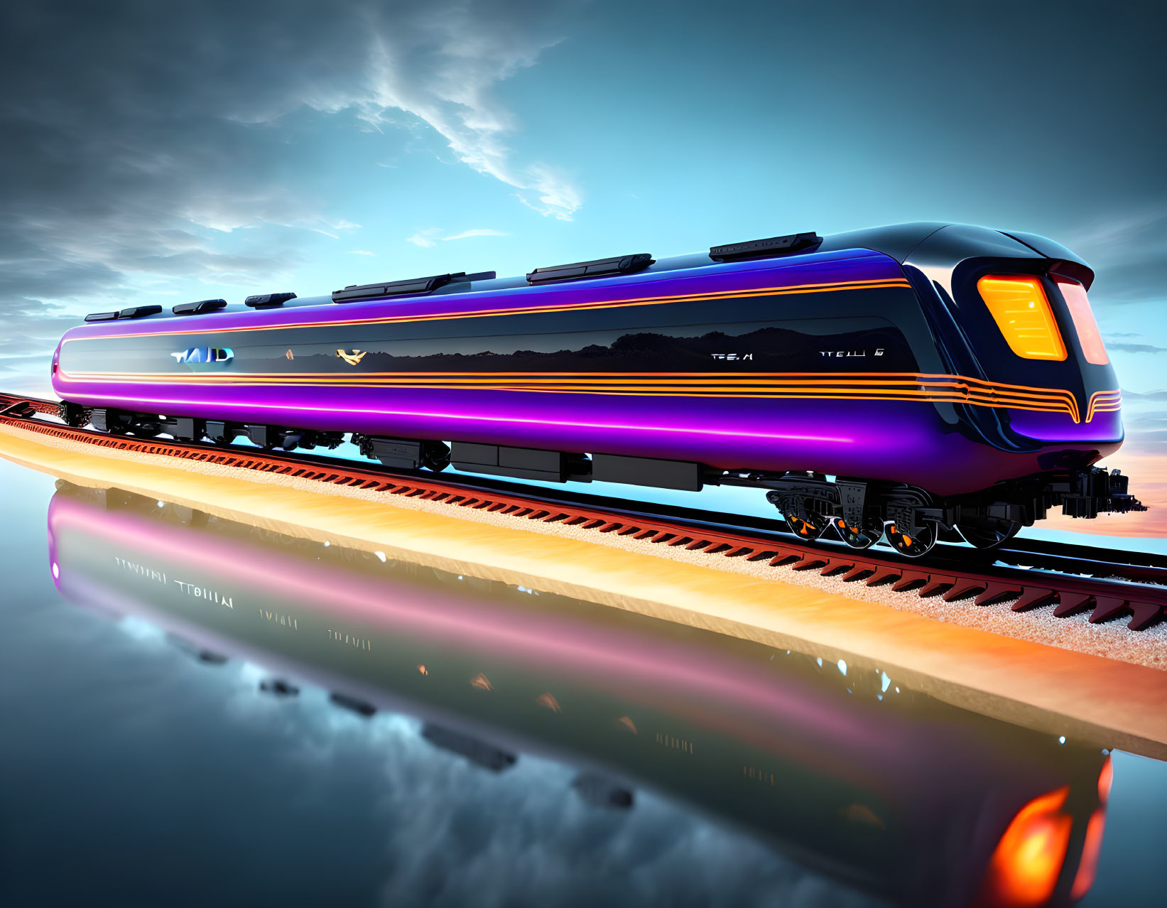 Modern purple and black train with gold accents on track reflected in water under dramatic sky