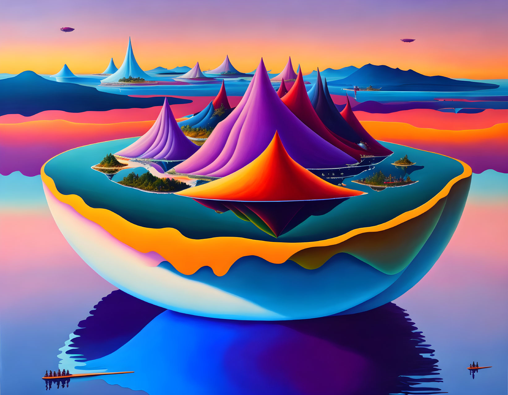 Colorful Tent-Like Mountains on Island with Floating Islands