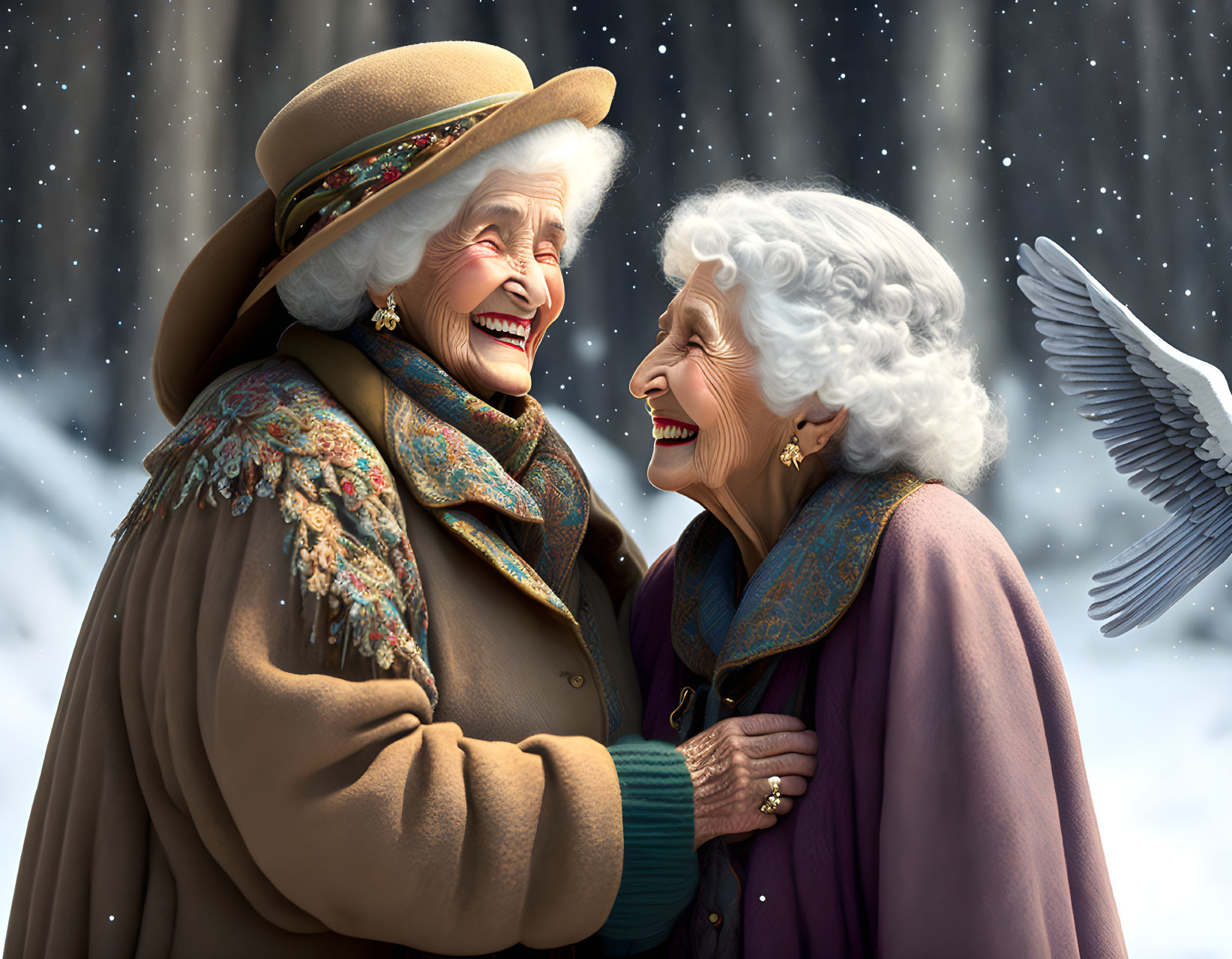 Elderly women laughing in snowy setting with dove nearby