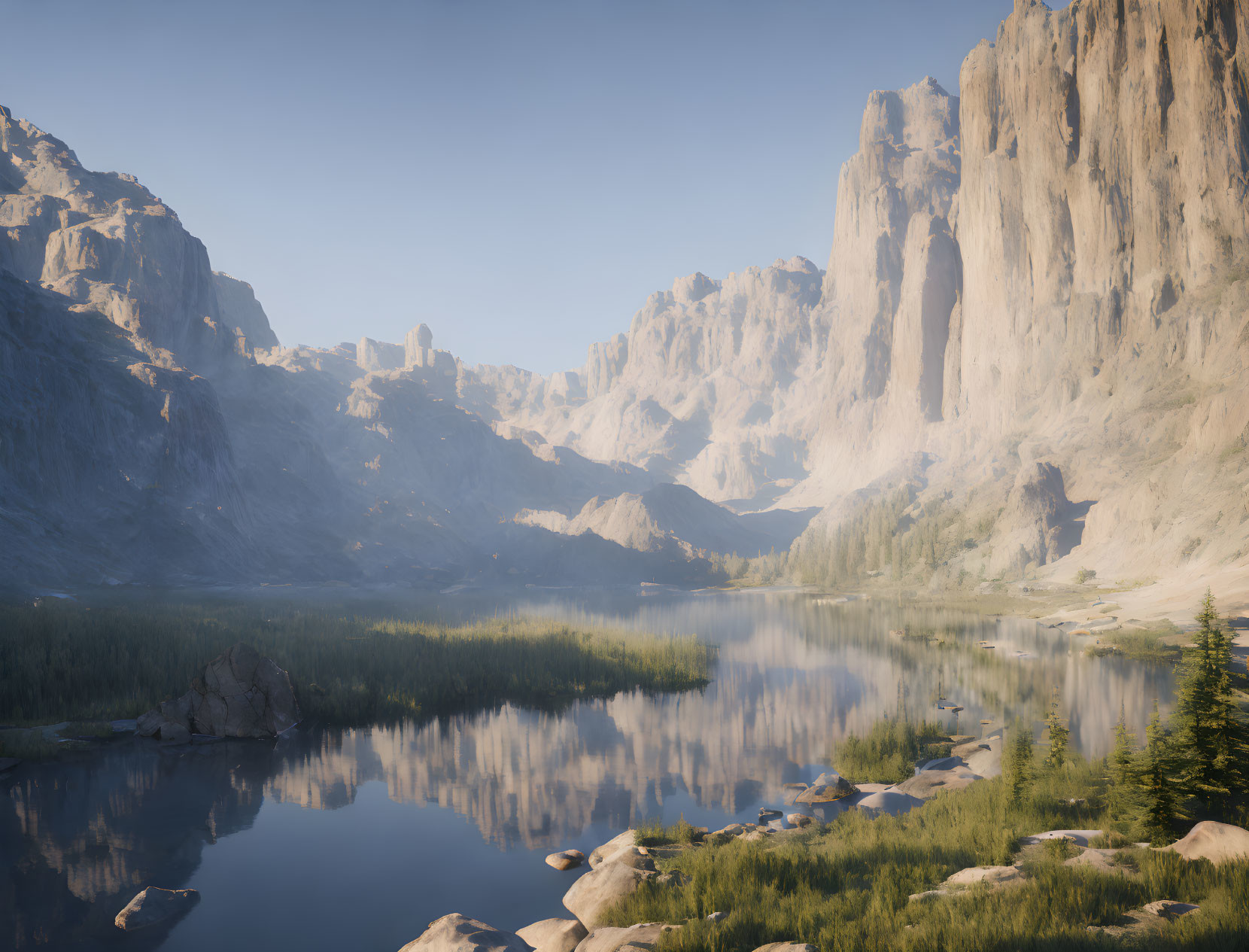 Tranquil mountain lake scene with rocky cliffs and clear blue sky