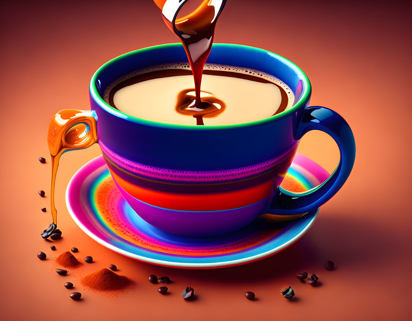 Colorful 3D illustration of large cup with pouring coffee and scattered beans