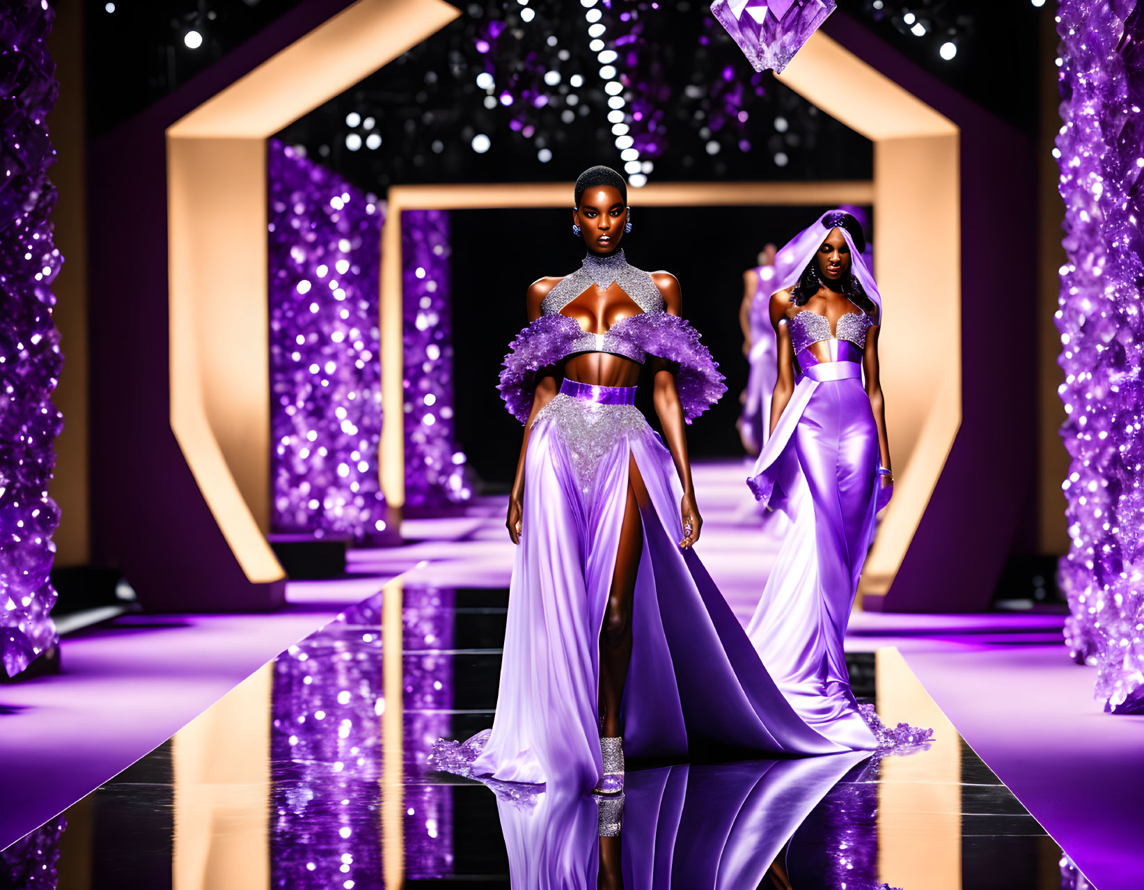 Fashion show: Models in violet gowns on purple-lit runway