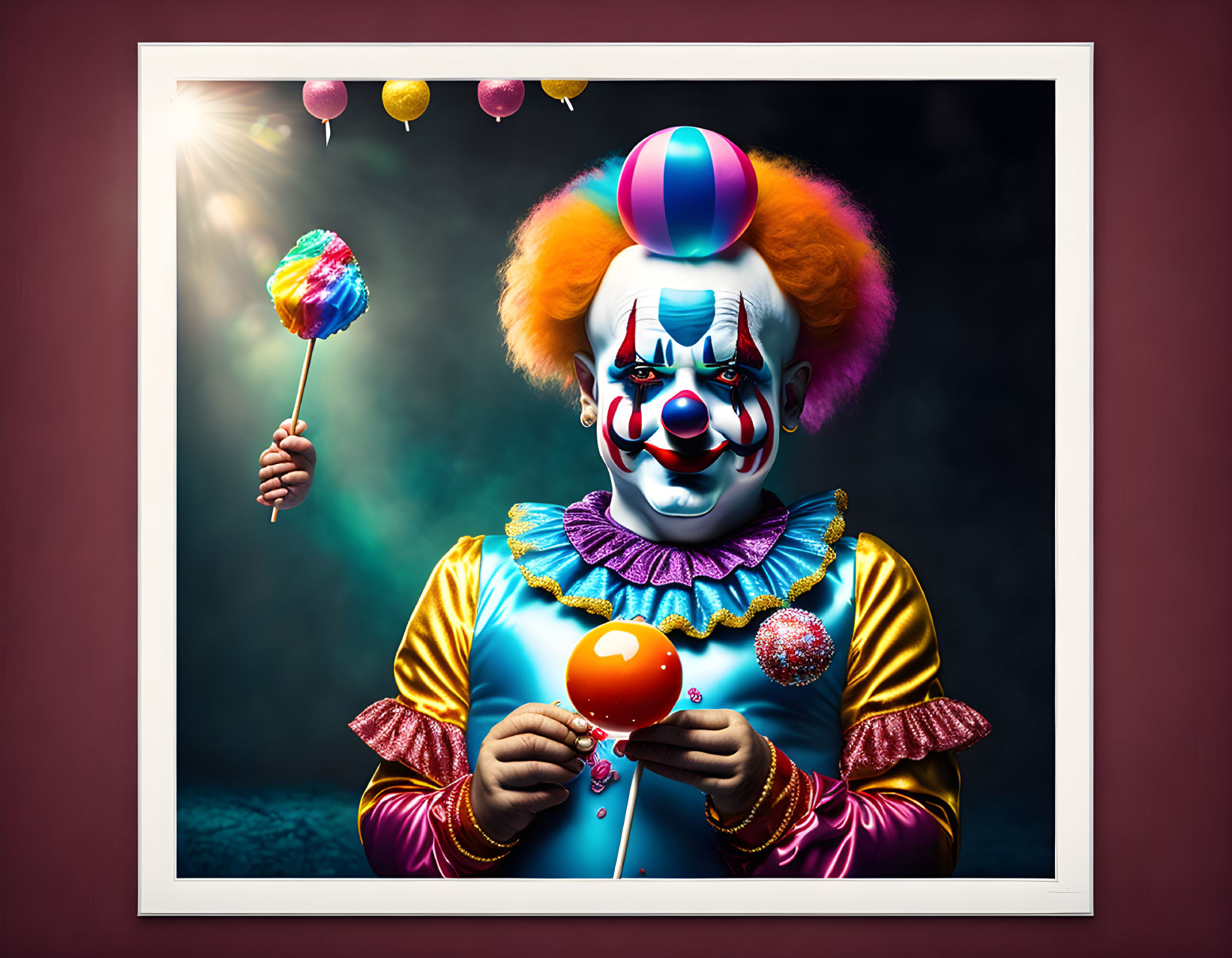 Colorful clown with lollipop and red ball surrounded by balloons on dark background