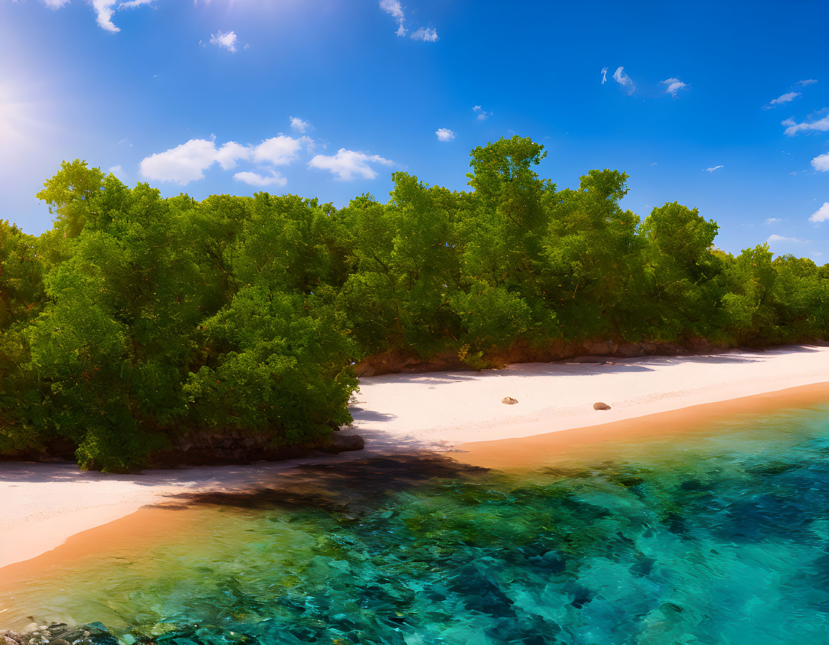 Scenic Tropical Beach with Greenery, White Sand, and Blue Waters