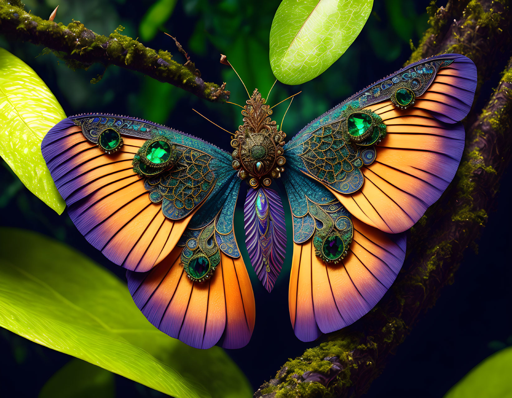 Colorful Orange and Blue Butterfly on Branch in Lush Greenery