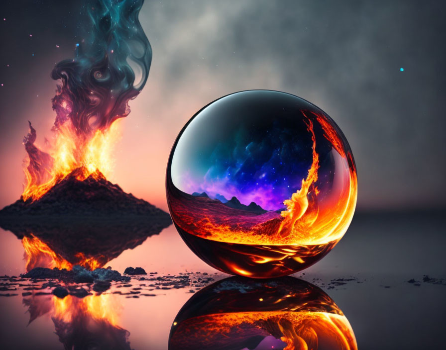 Reflective glossy sphere showcasing fiery landscape with smoking mountain on mirrored surface