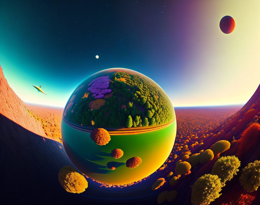 Vibrant surreal landscape with floating ecosystem above orange terrain