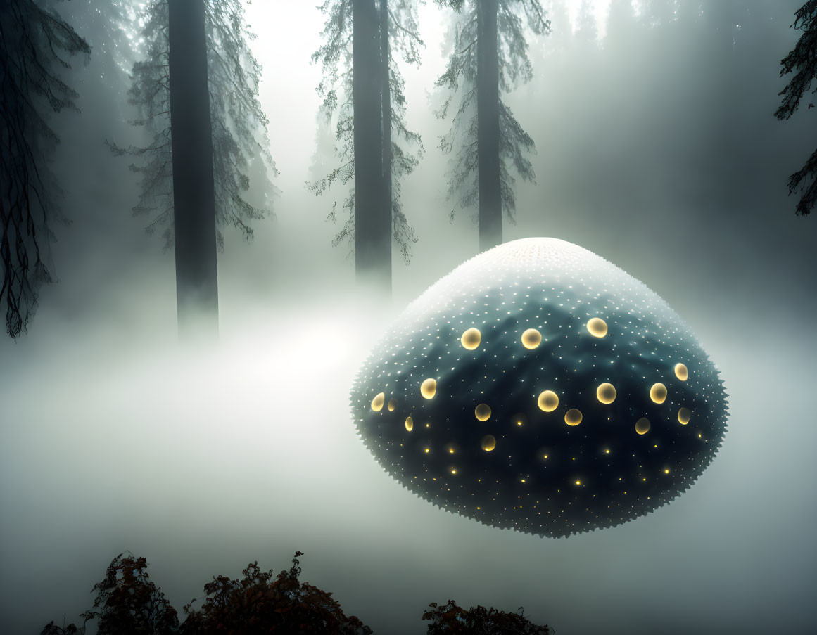 Glowing jellyfish-like entity in misty forest with tall trees