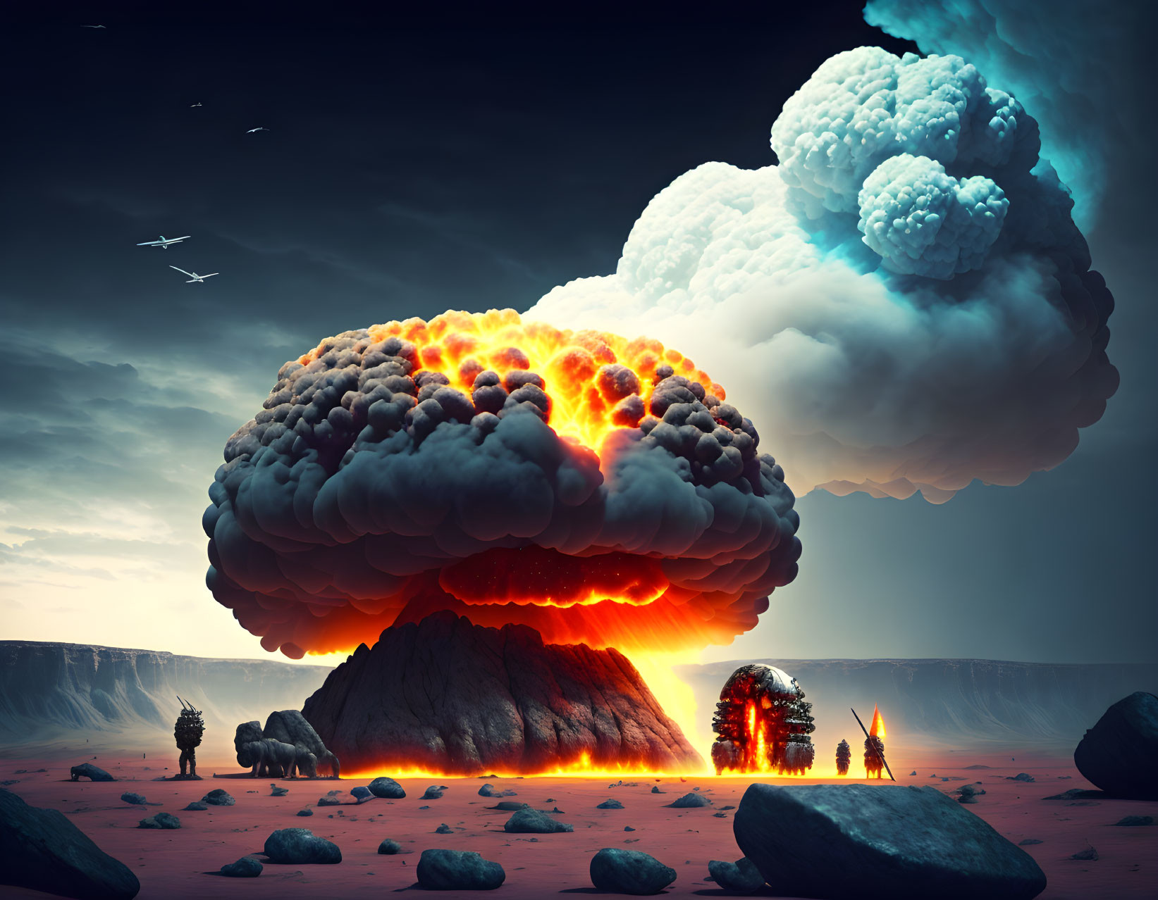 Surreal landscape with massive fiery mushroom cloud