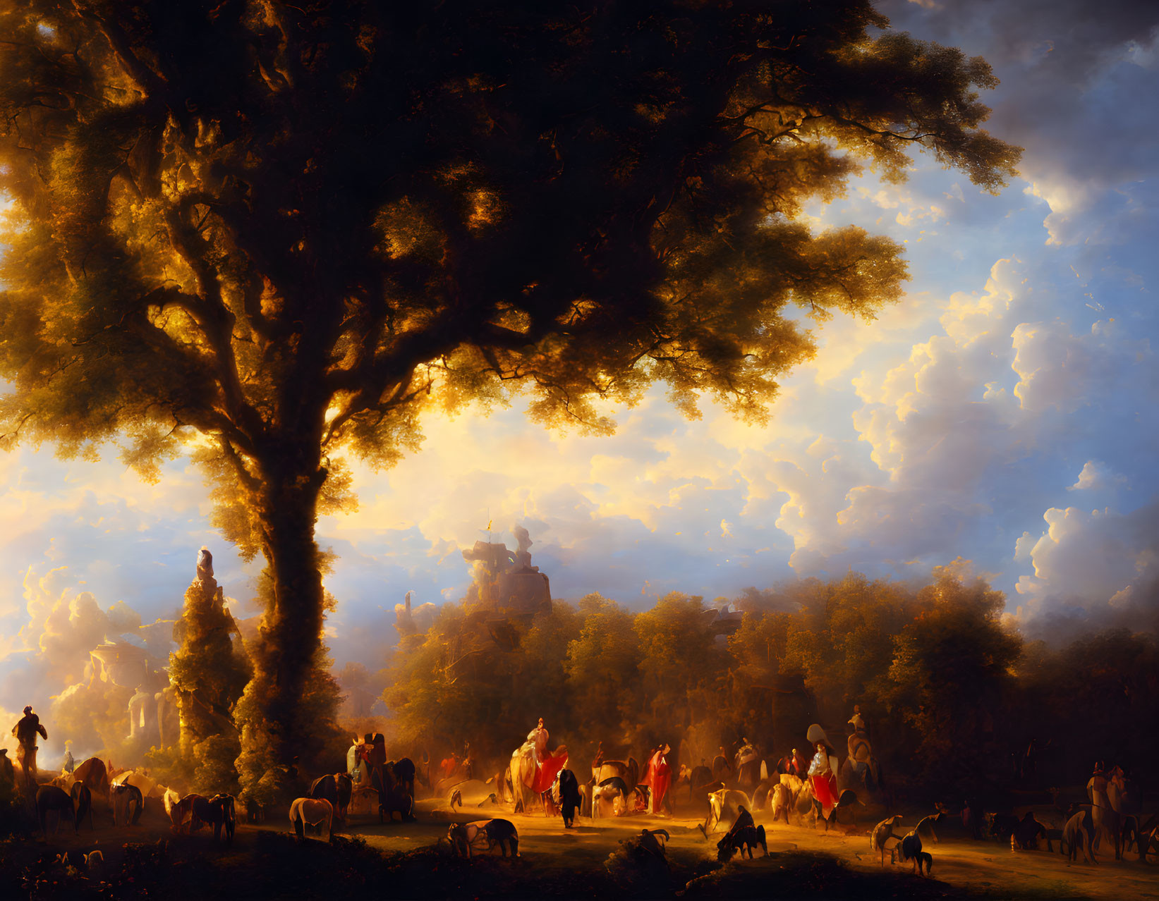 Golden-hued sunset pastoral landscape with tree, animals, and figures in classical attire