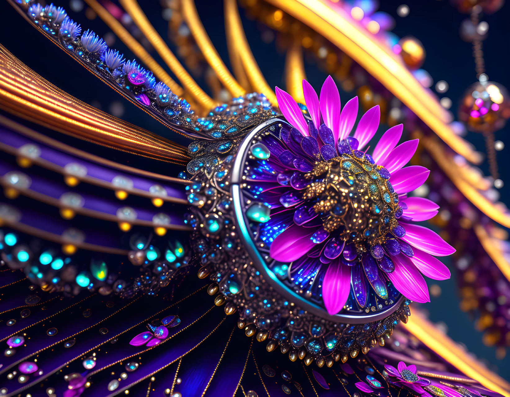 Detailed 3D rendering of jewel-encrusted object with purple flower on dark blue background