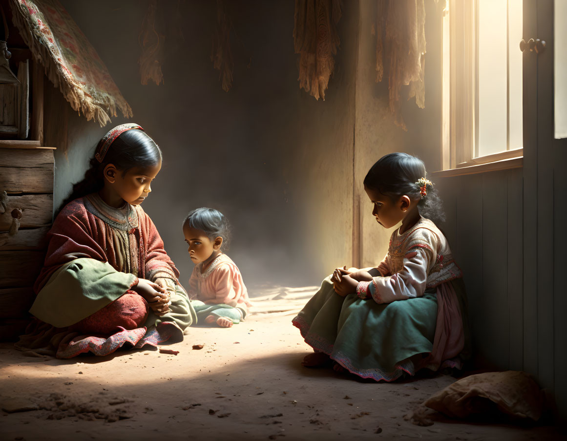 Young girls and toddler playing with pebbles in rustic room with sunbeams.