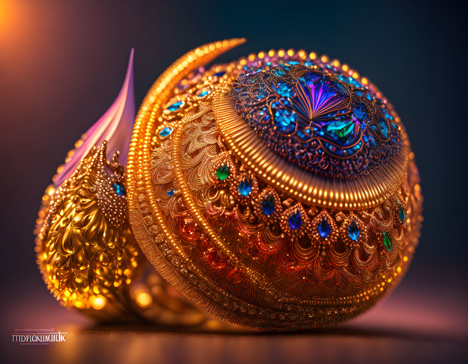 Golden Bauble with Blue Gemstones and Embossing on Soft-focus Background