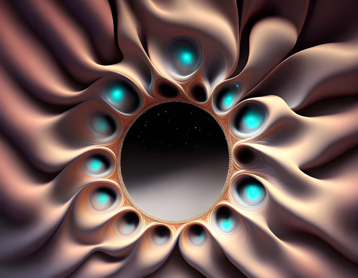 Cosmic fractal art featuring flower-like structure and blue orbs