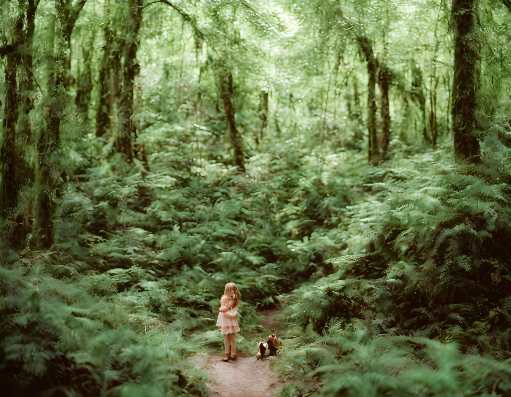 Child and small dog on forest path with lush green ferns and moss-covered trees