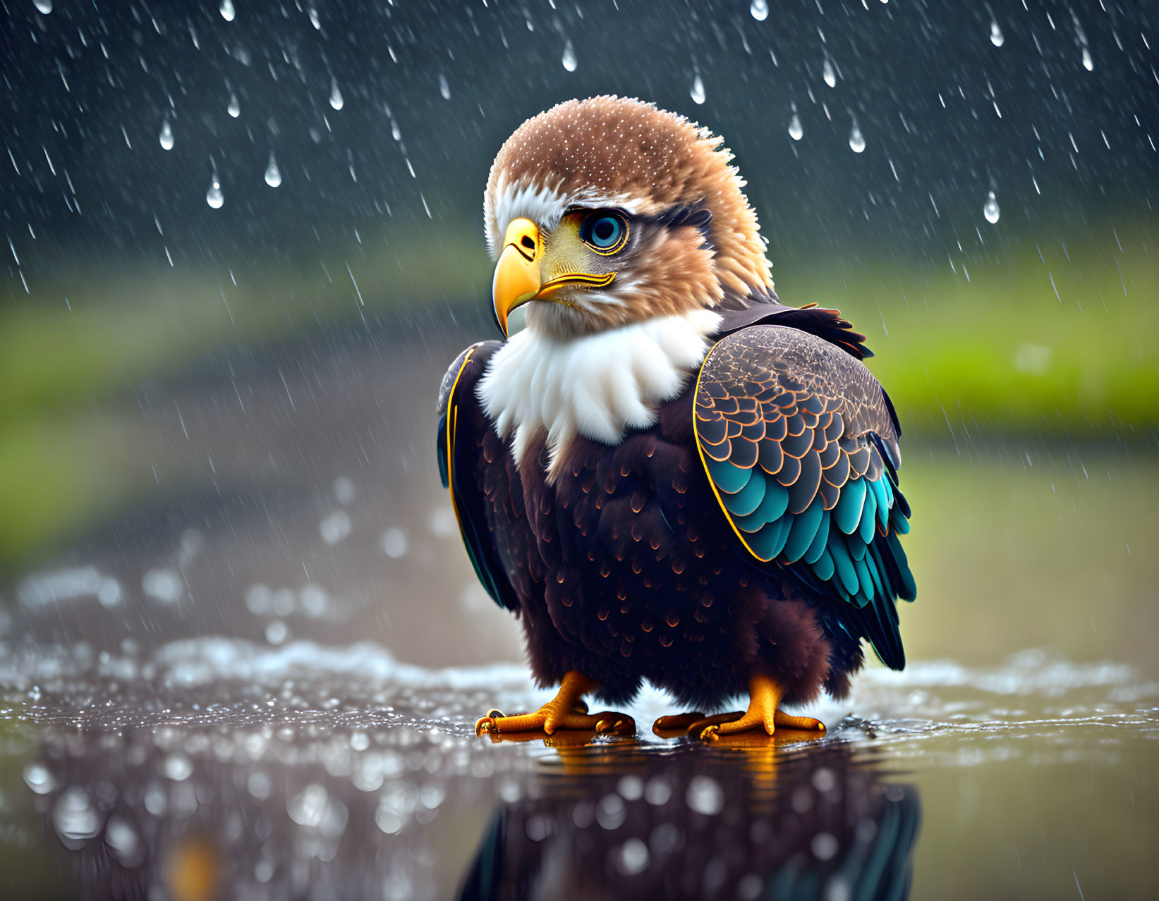 Stylized digital illustration: Eagle in rain with vibrant feathers