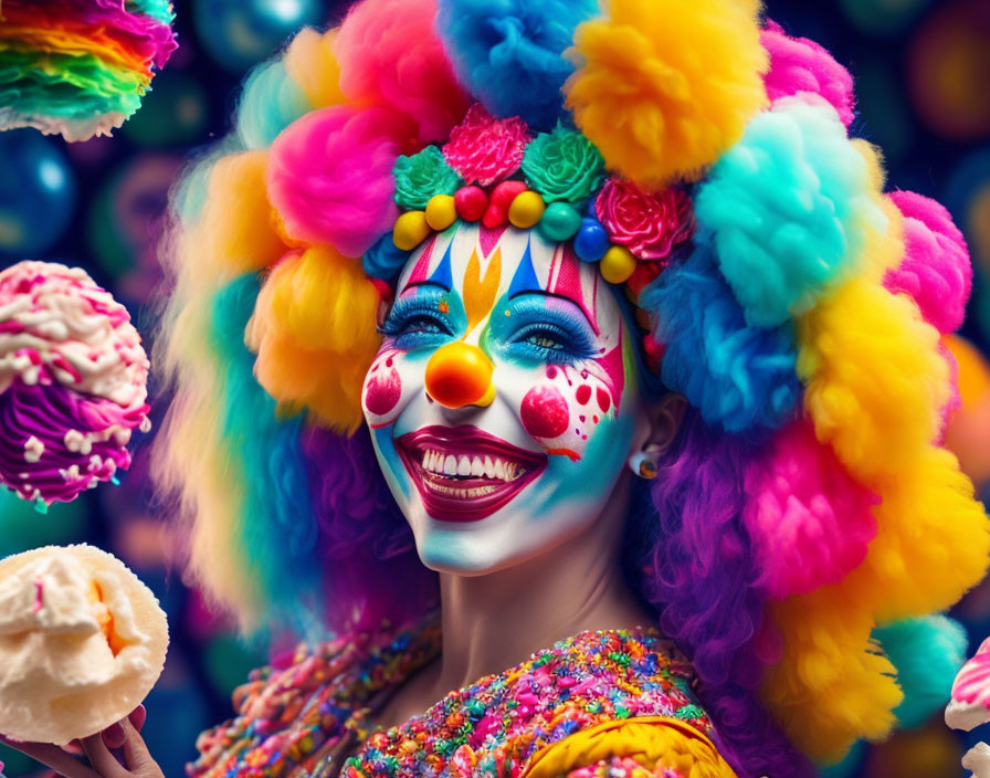 Colorful Clown with Wig and Painted Face Surrounded by Candies